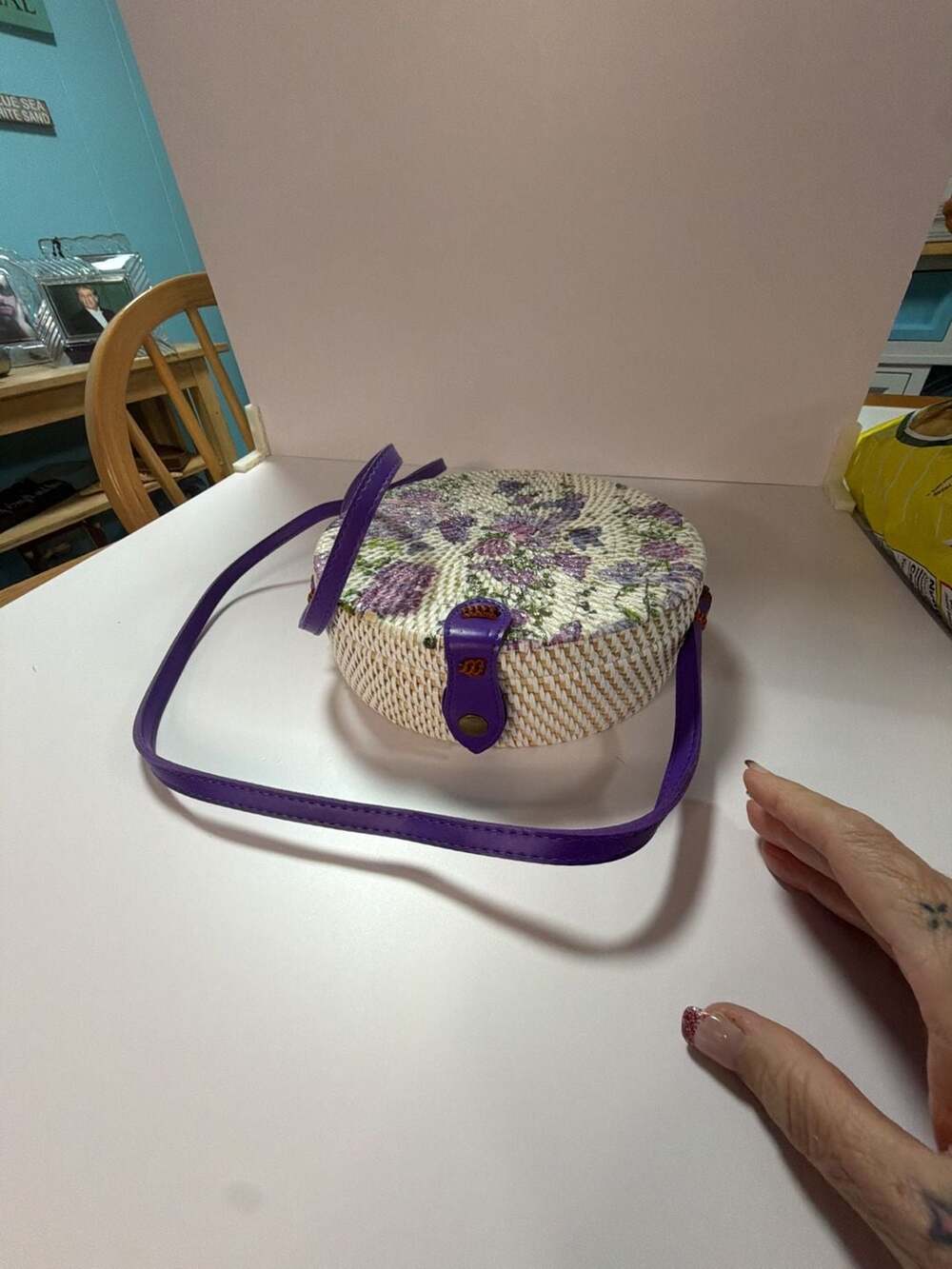 Handwoven Round Bali Rattan Crossbody Bag with Purple Butterfly Floral Decoupage - Picture 3 of 4